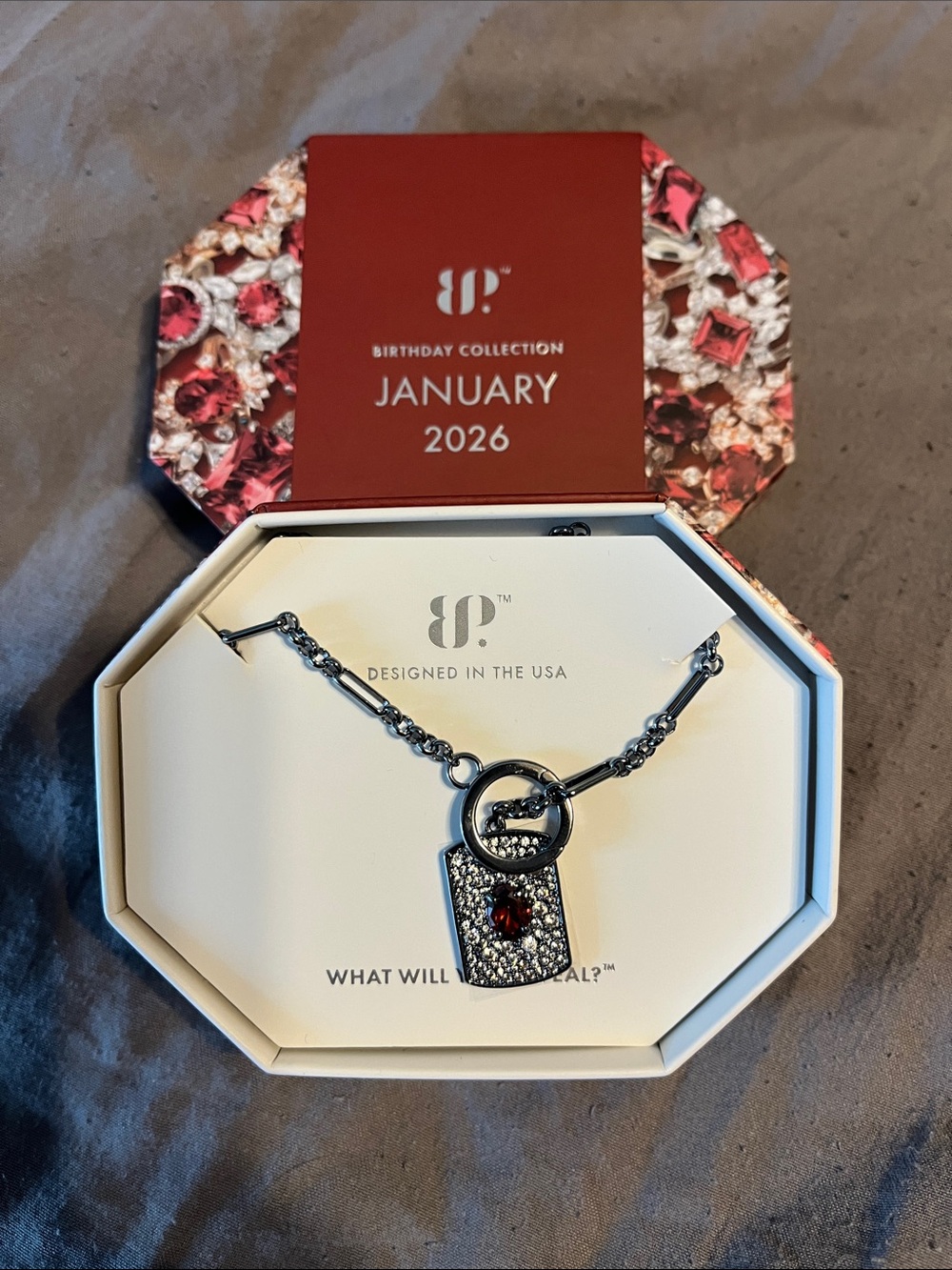 January Garnet-Style Hematite-Tone Pendant Necklace